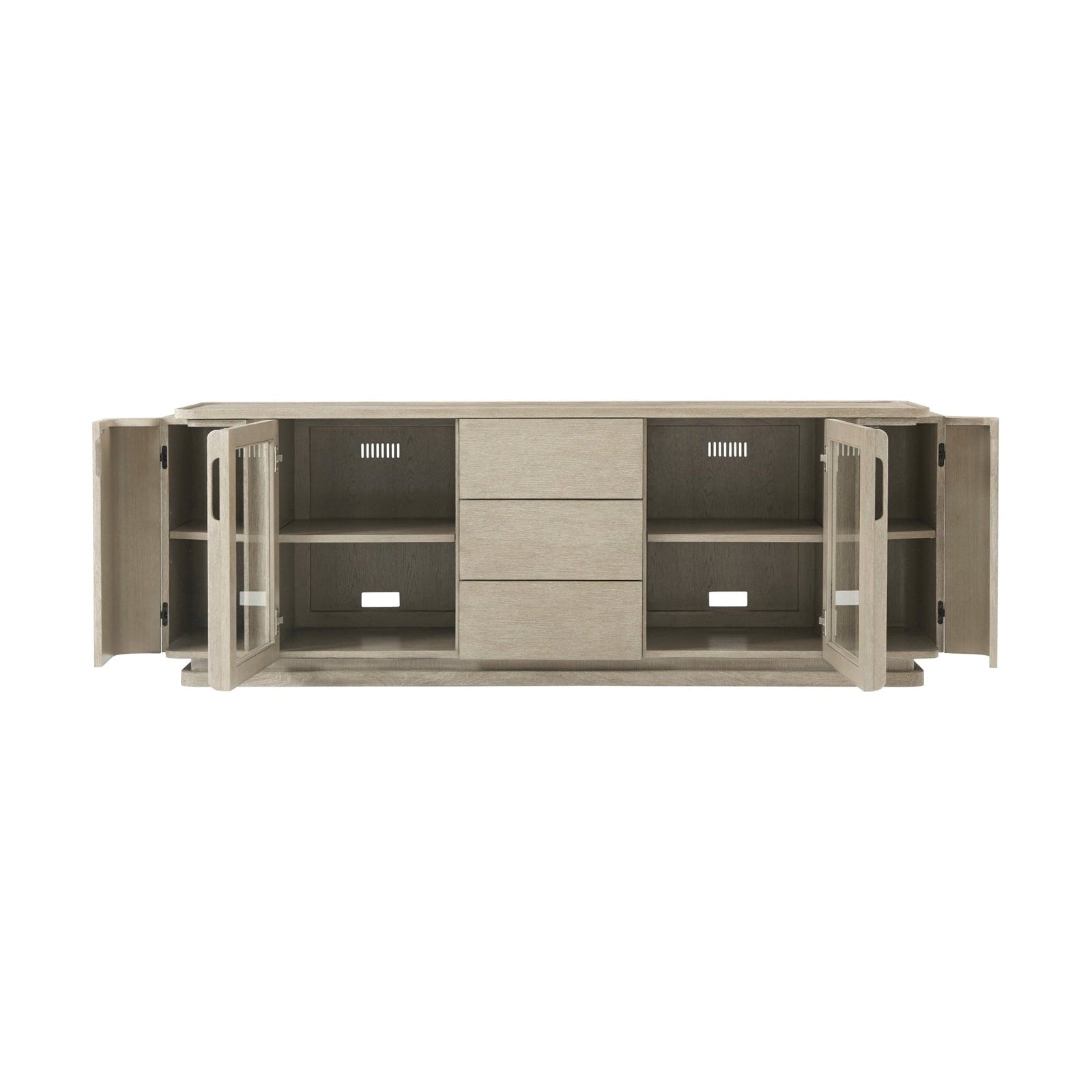 Theodore Alexander Repose Glass Door Media Console With Drawers and Side Storage