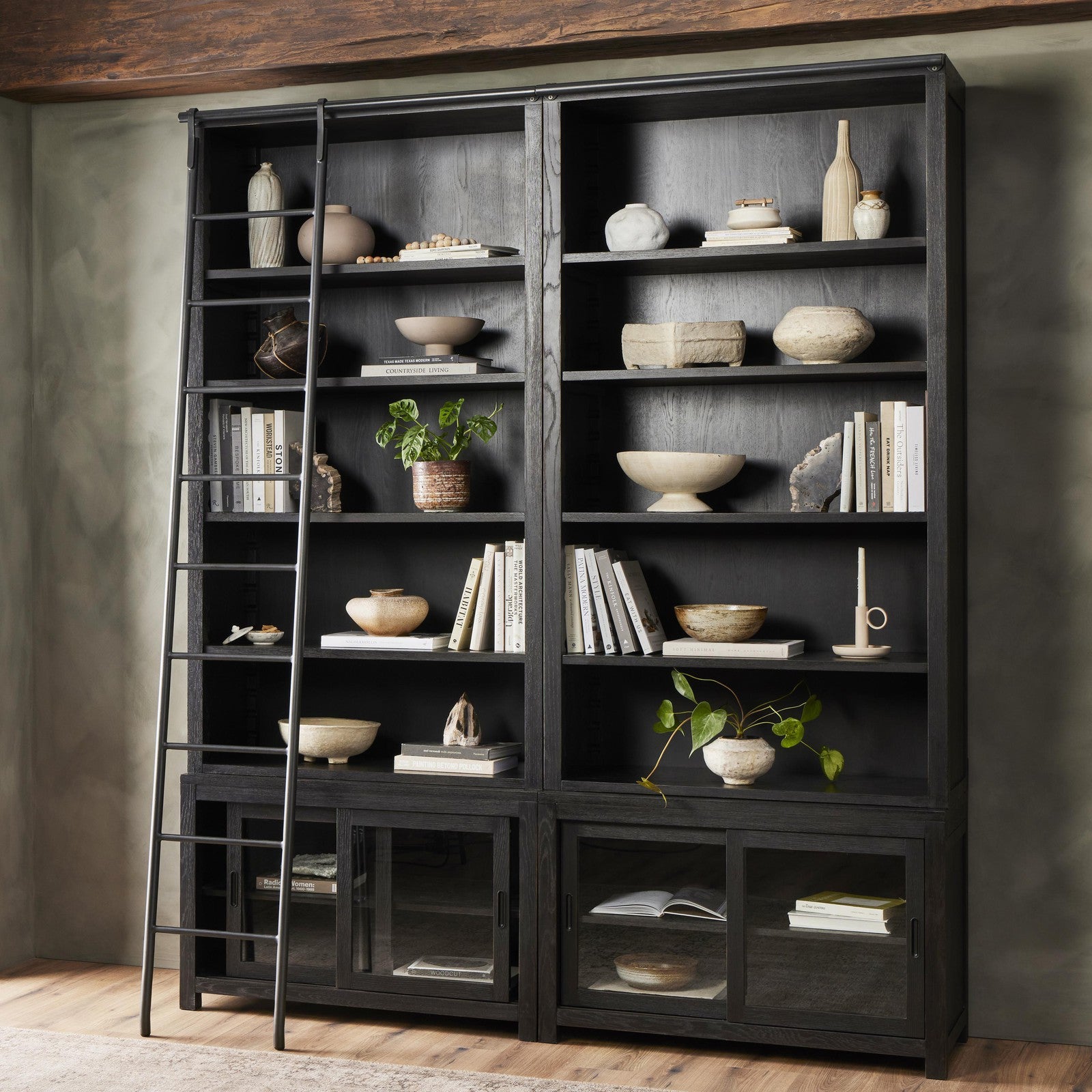 Admont Double Bookcase W Ladder-Worn Blk