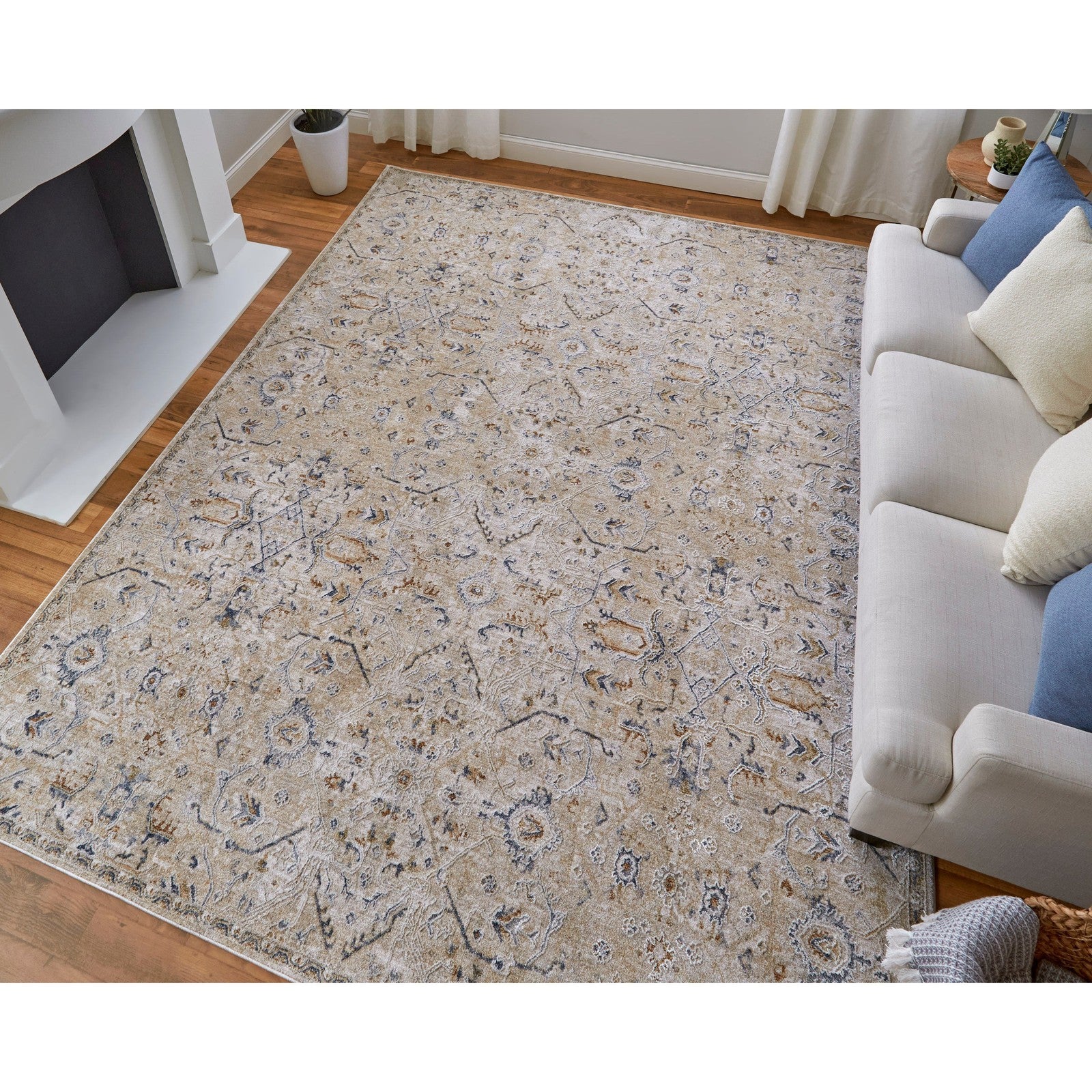 Feizy Pasha 39M6F Transitional Distressed in Taupe/Ivory/Blue