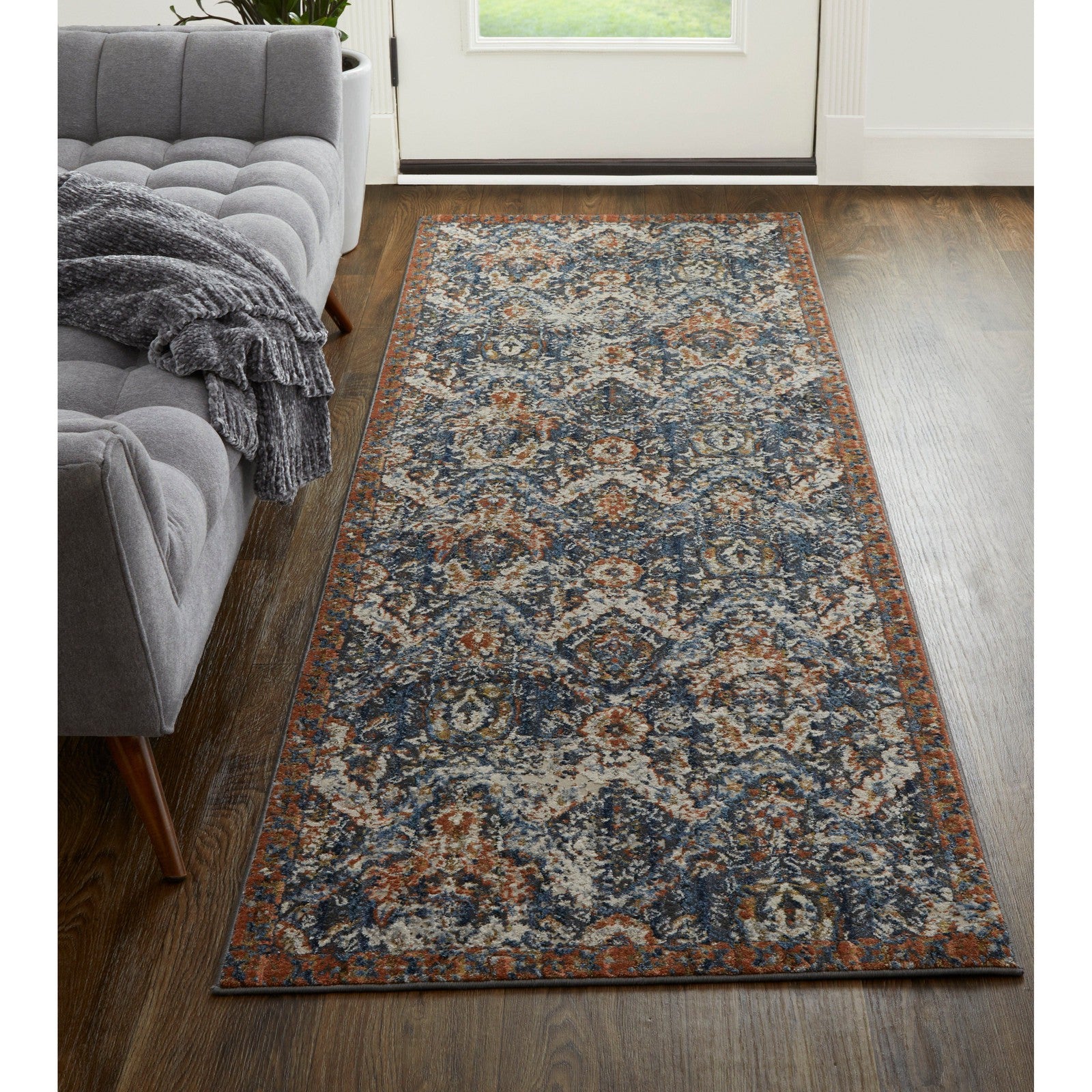 Feizy Kaia 39HRF Transitional Floral & Botanical in Blue/Orange/Ivory