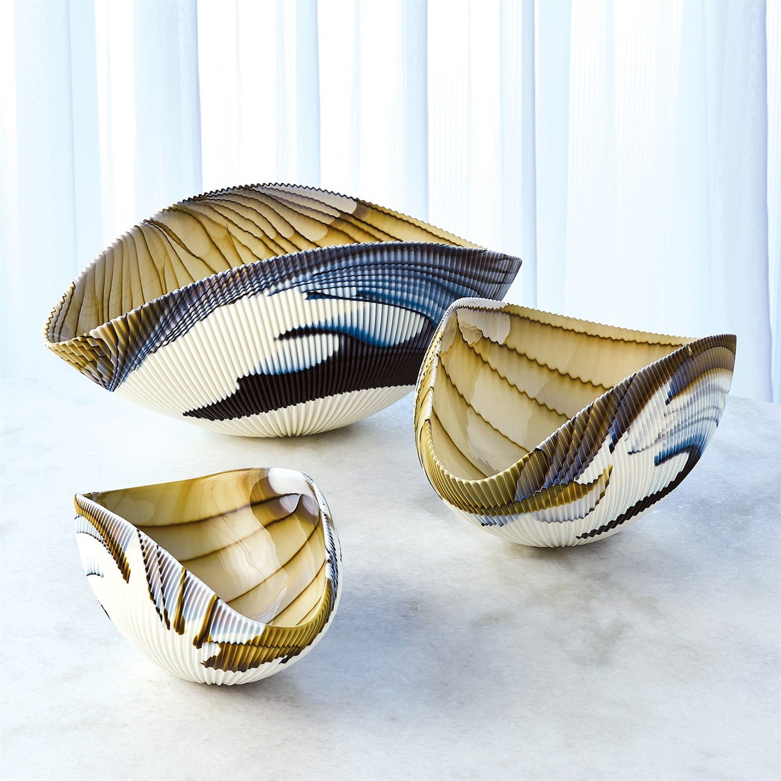 Global Views Pleated Bowl Amber/Blue Filigree