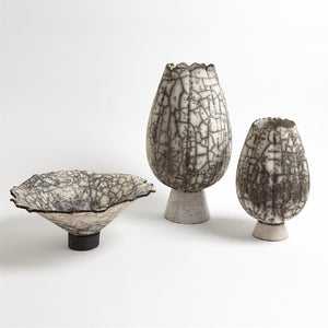 Global Views Crackled Footed Bowl-Black Raku