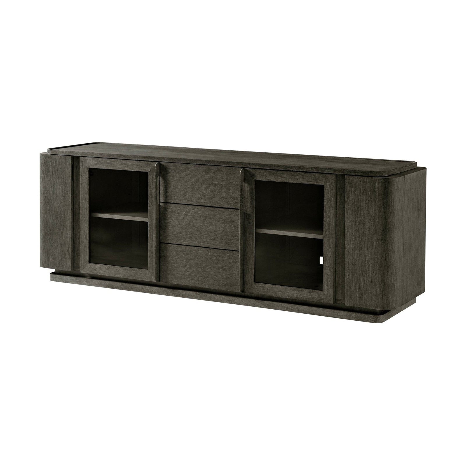 Theodore Alexander Repose Glass Door Media Console With Drawers and Side Storage